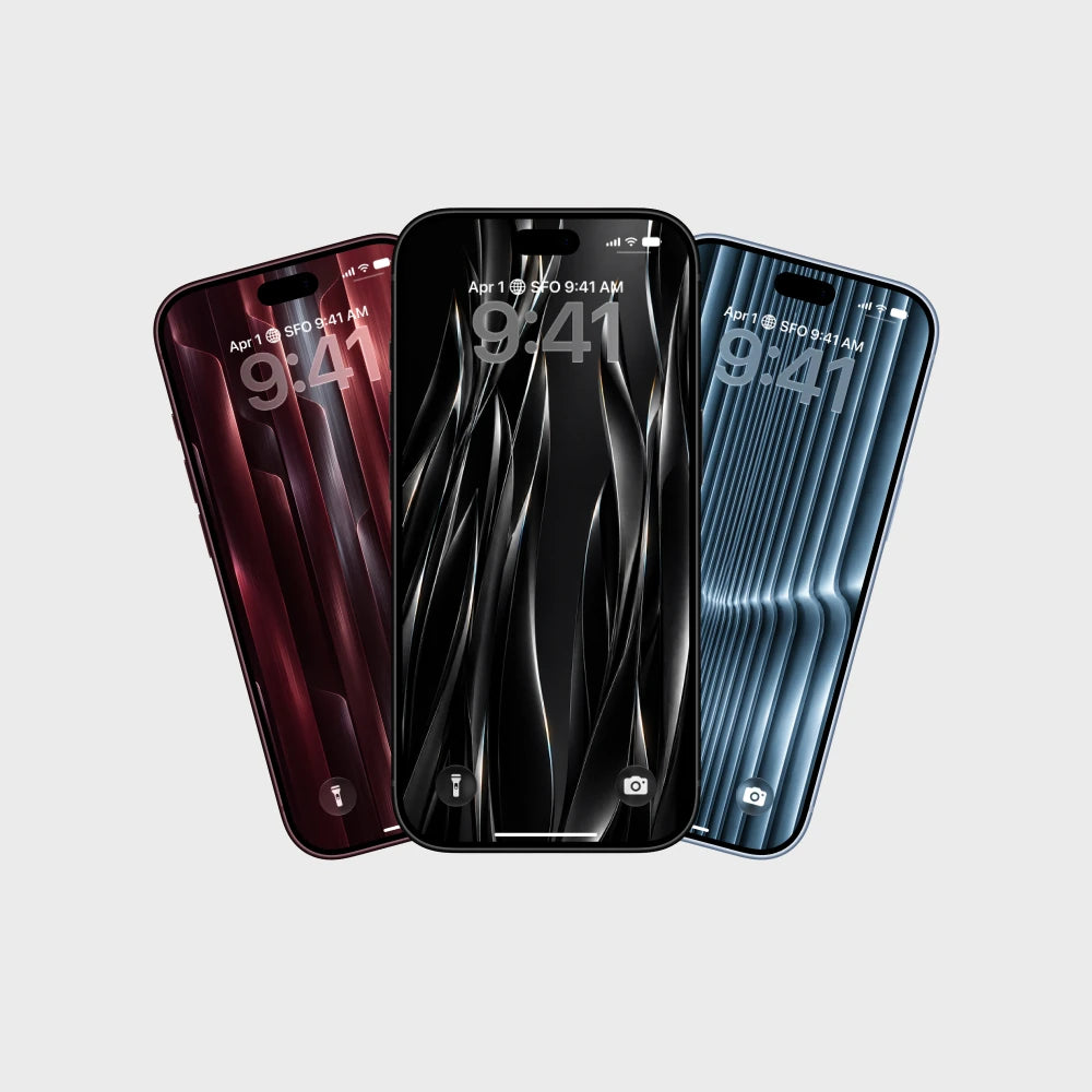 Three smartphone cases shown in a fan arrangement on a light gray background: a deep red case on the left, a black case in the center, and a metallic blue case on the right. The center case is slightly larger and overlaps the others.