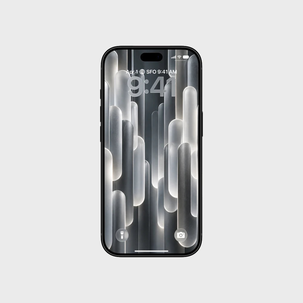 A black smartphone shown from the front on a light gray background, with a lock screen displaying a white and gray abstract wallpaper made of elongated rounded shapes.