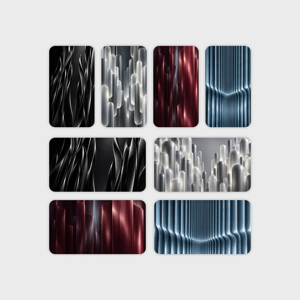 A set of nine rectangular abstract wall art panels arranged in a 3x3 grid on a light gray background. The designs feature flowing ribbon-like lines and cylindrical forms in black, silver, deep red, and blue tones.
